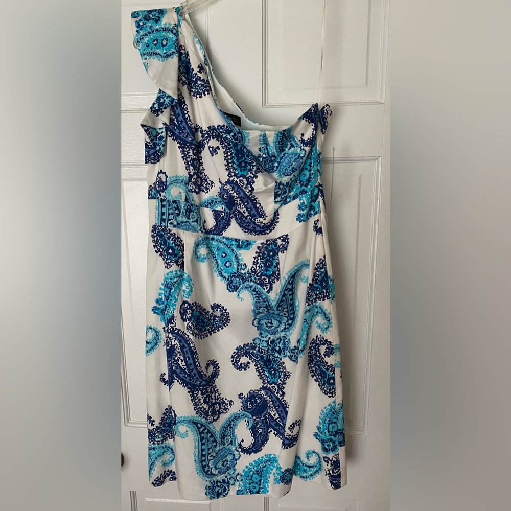Tahari One Shoulder Turquoise Blue Paisley Dress Size 10